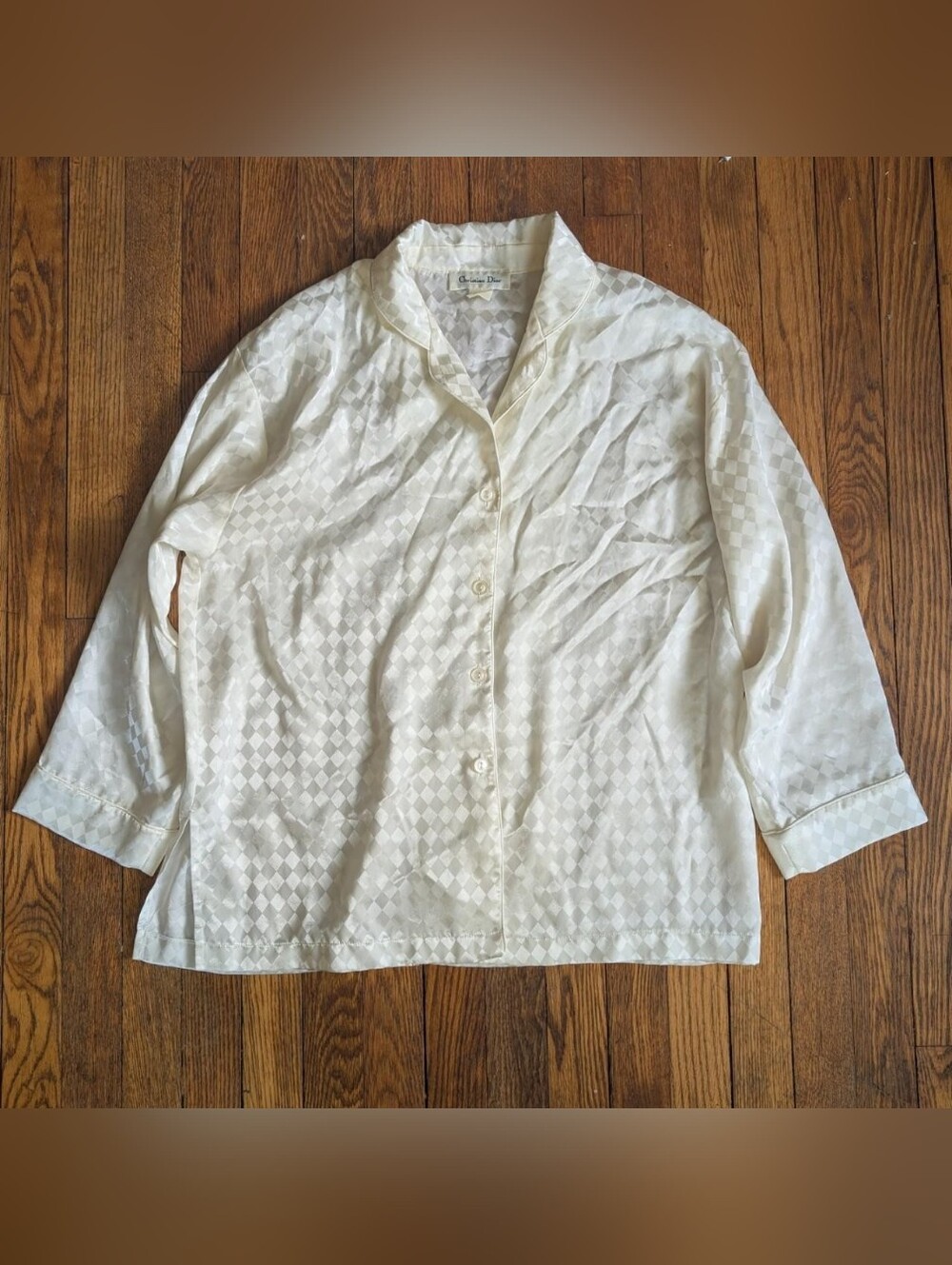 Vintage 80's Christian Dior Cream Satin Checkered Pajama Shirt Top